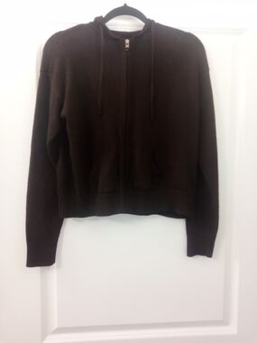 Women's 90s Era Dark Academia Style Brown Zip-Up Hood Sweater Size Petite Large